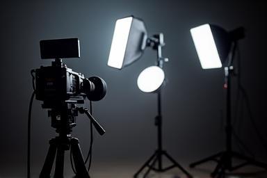 Video production setup with lights and microphone.